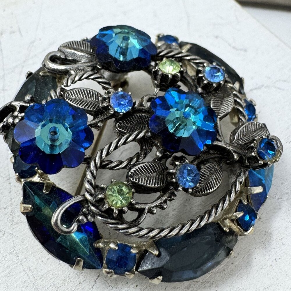 Vintage Rhinestone Brooch Blue & Greens Ravioli & Leaf Design Silvertone